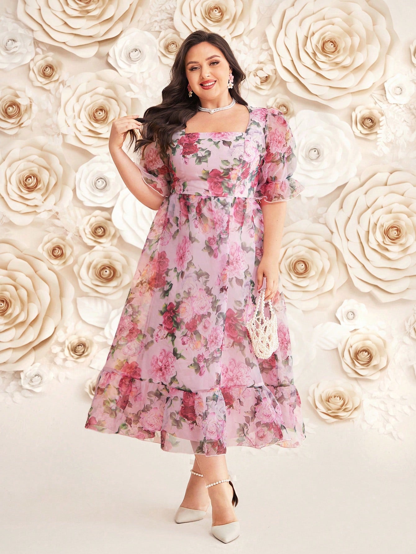 Plus Size Women's Floral Printed Puff Sleeve Dress