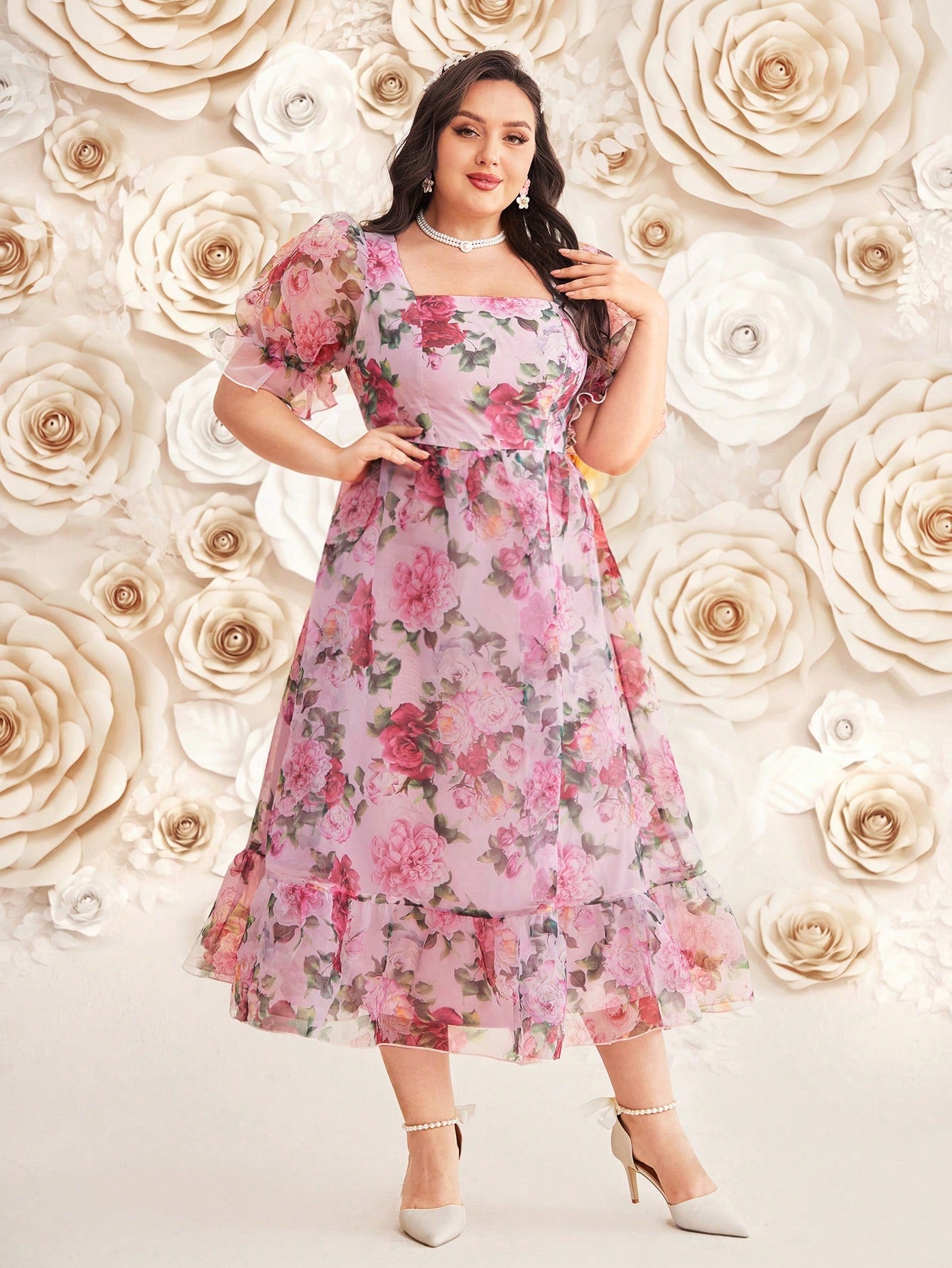 Plus Size Women's Floral Printed Puff Sleeve Dress