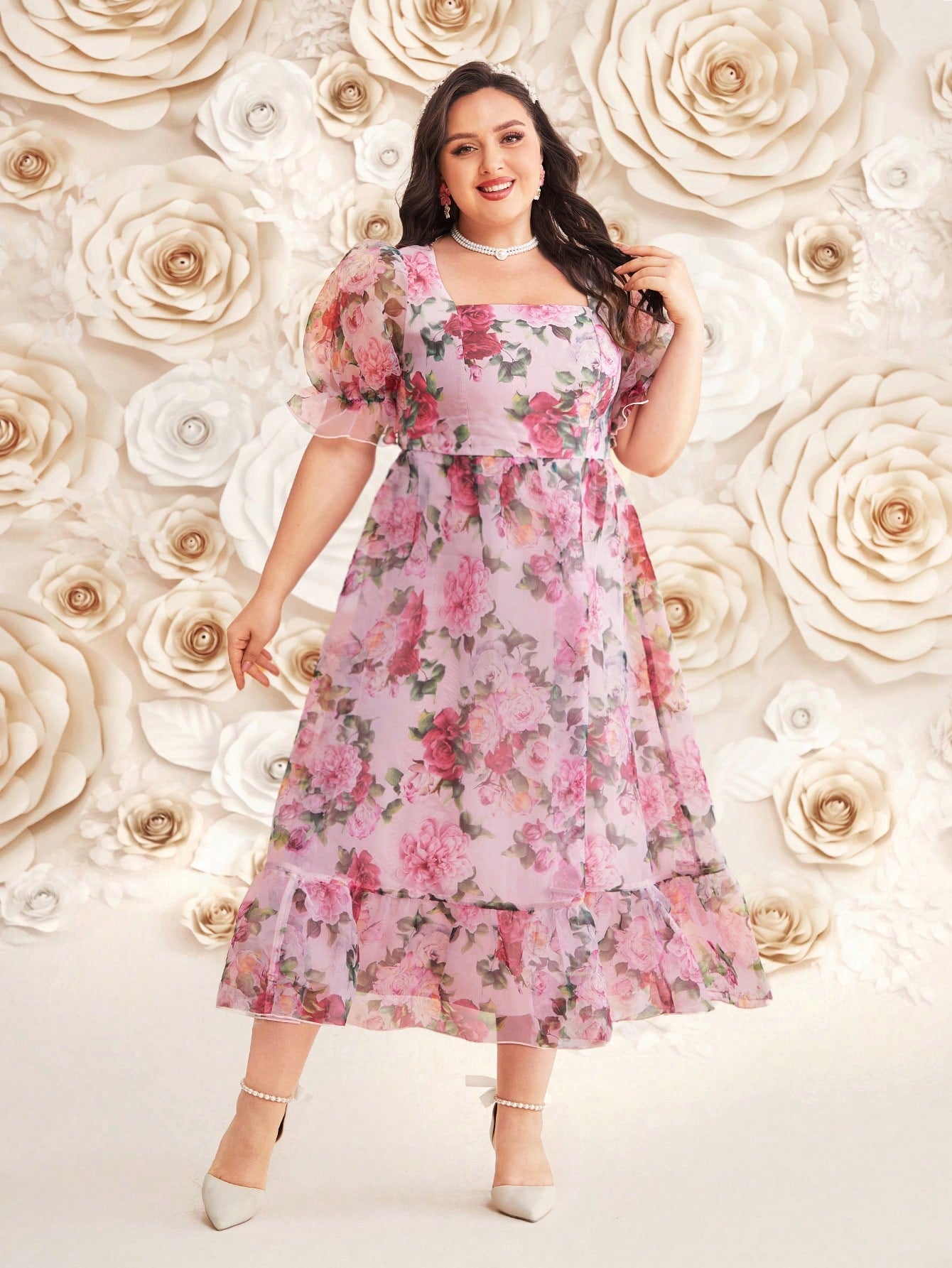 Plus Size Women's Floral Printed Puff Sleeve Dress
