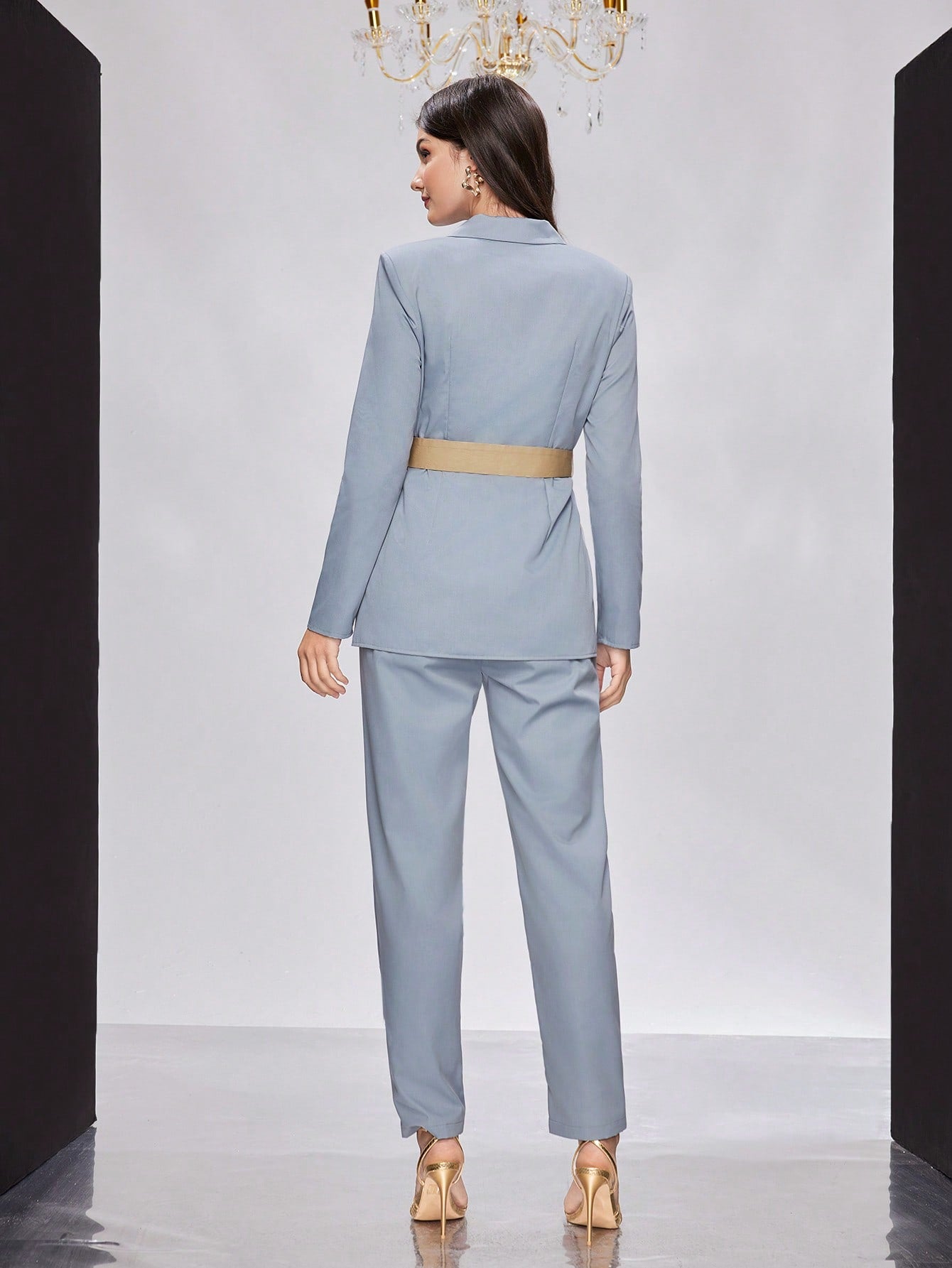 Color-Block Notched Collar Long Sleeve Jacket And Pants Two-Piece Set