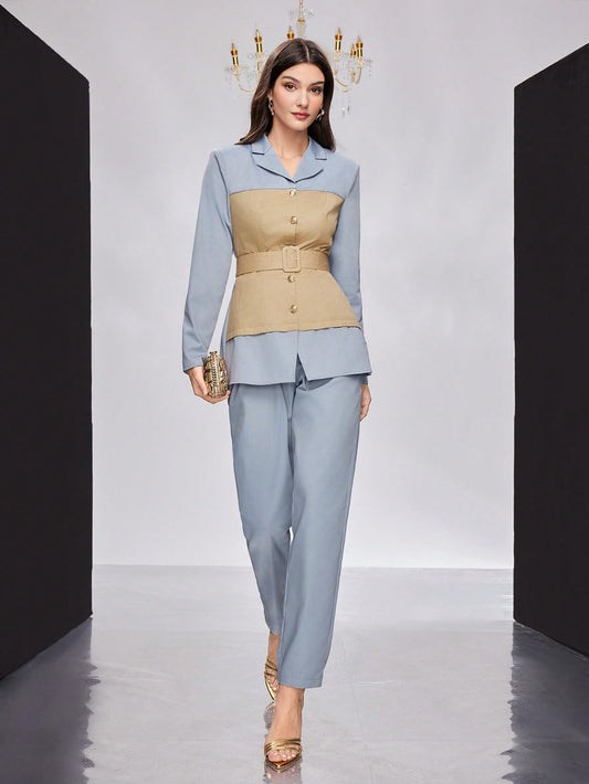Color-Block Notched Collar Long Sleeve Jacket And Pants Two-Piece Set