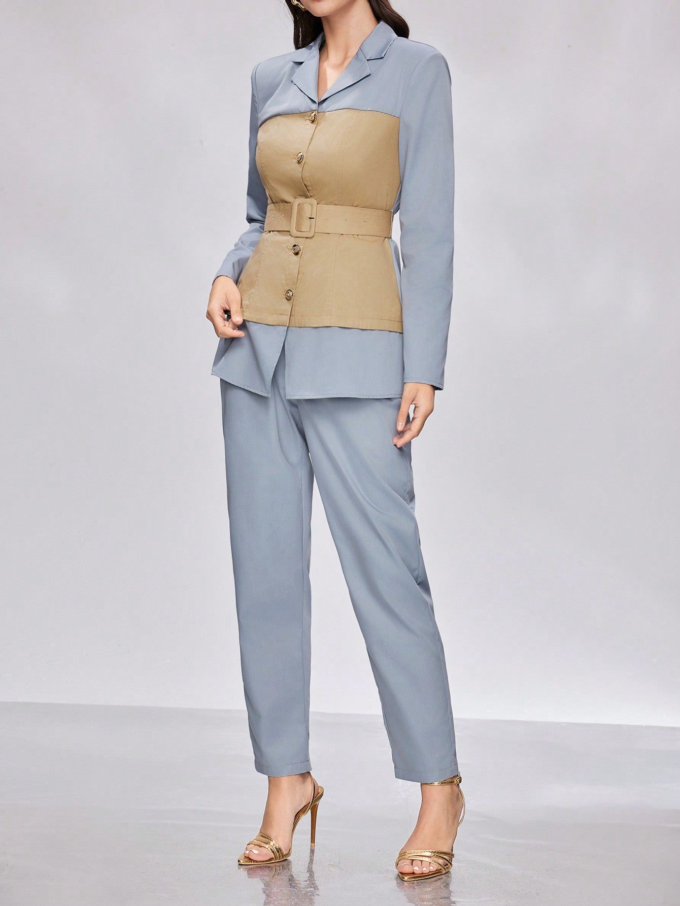Color-Block Notched Collar Long Sleeve Jacket And Pants Two-Piece Set