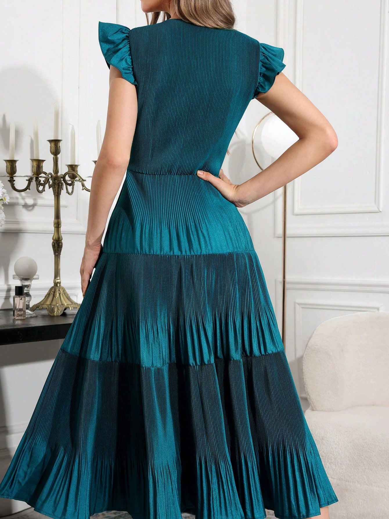 V-Neck Cap Sleeve Ruched Dress