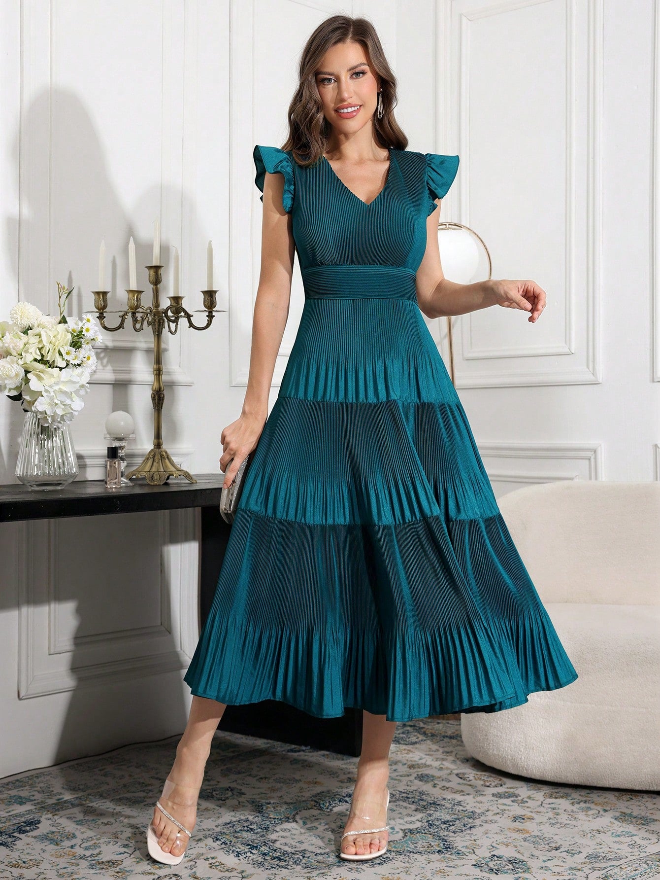 V-Neck Cap Sleeve Ruched Dress