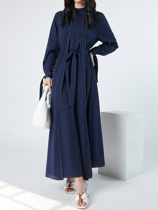 Stand Collar Arabic Style Dress With Tied Waist