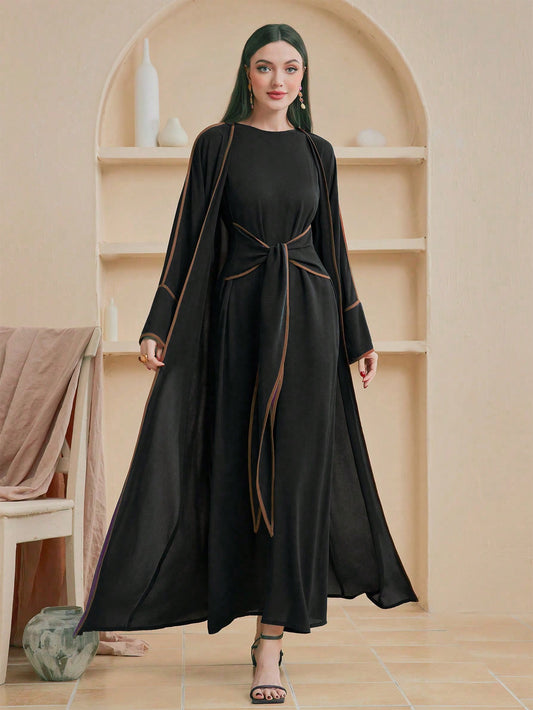 Loose Fit Open Front Abaya With Contrast Binding and Inner Dress