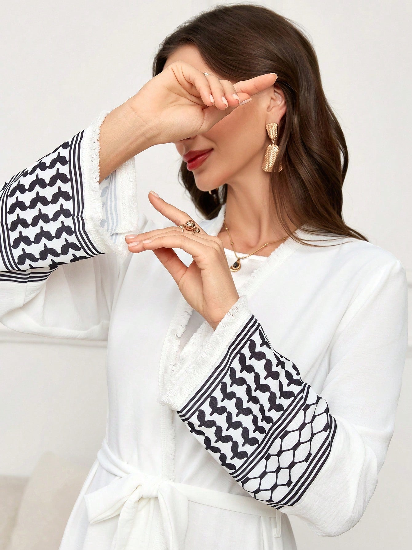 Geometric Print Splice Open Front Long Kimono Abaya