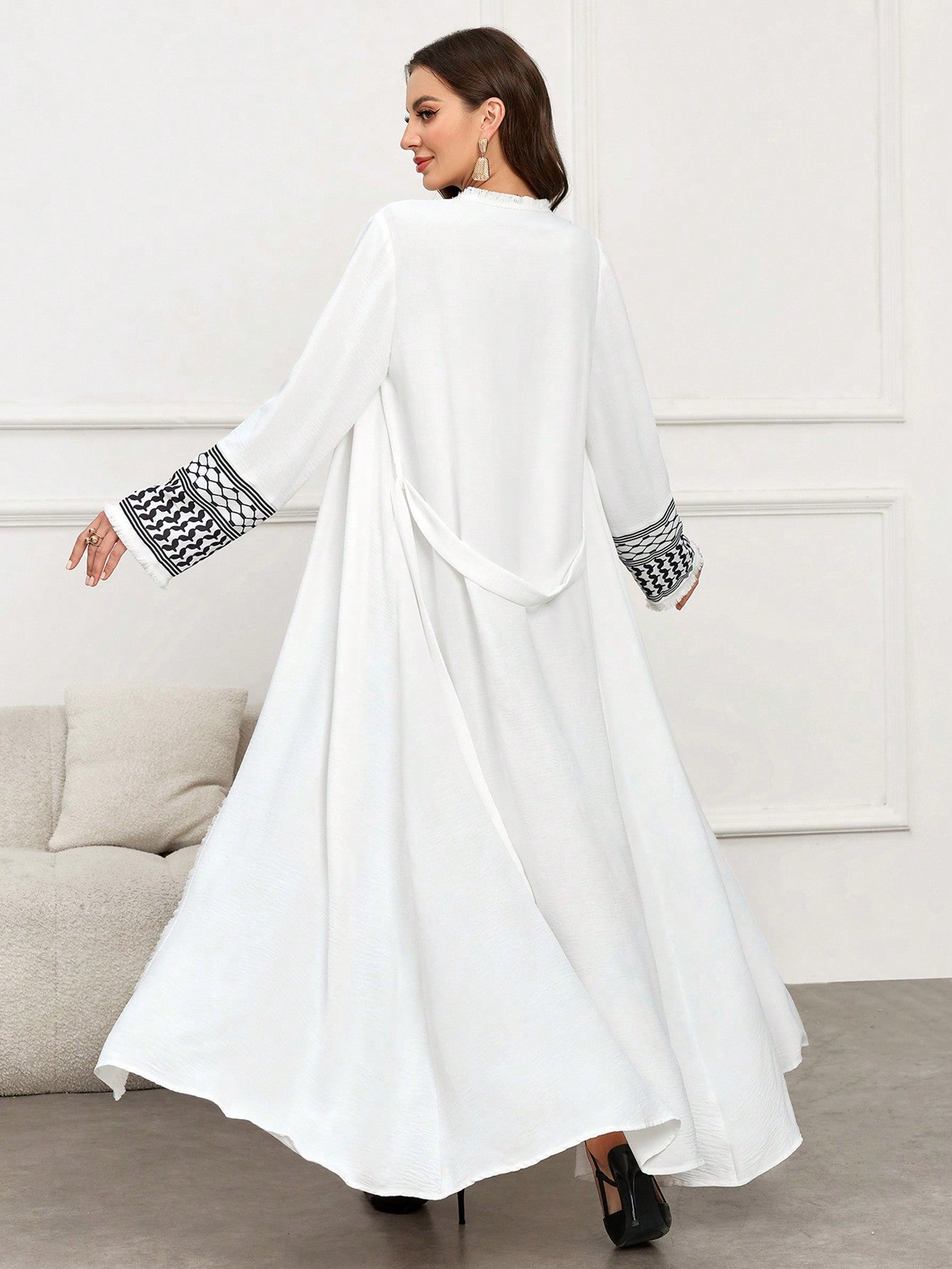 Geometric Print Splice Open Front Long Kimono Abaya