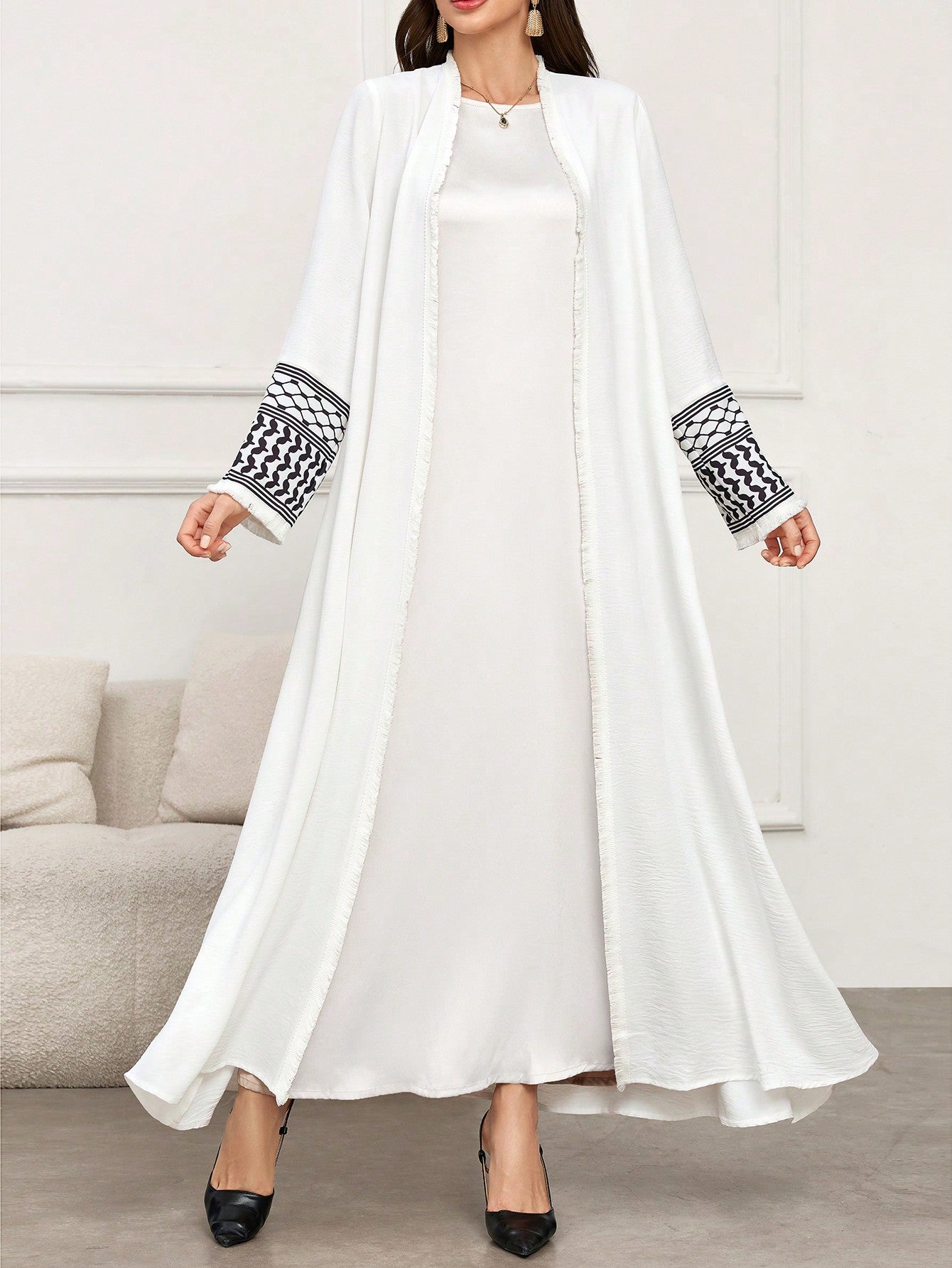 Geometric Print Splice Open Front Long Kimono Abaya
