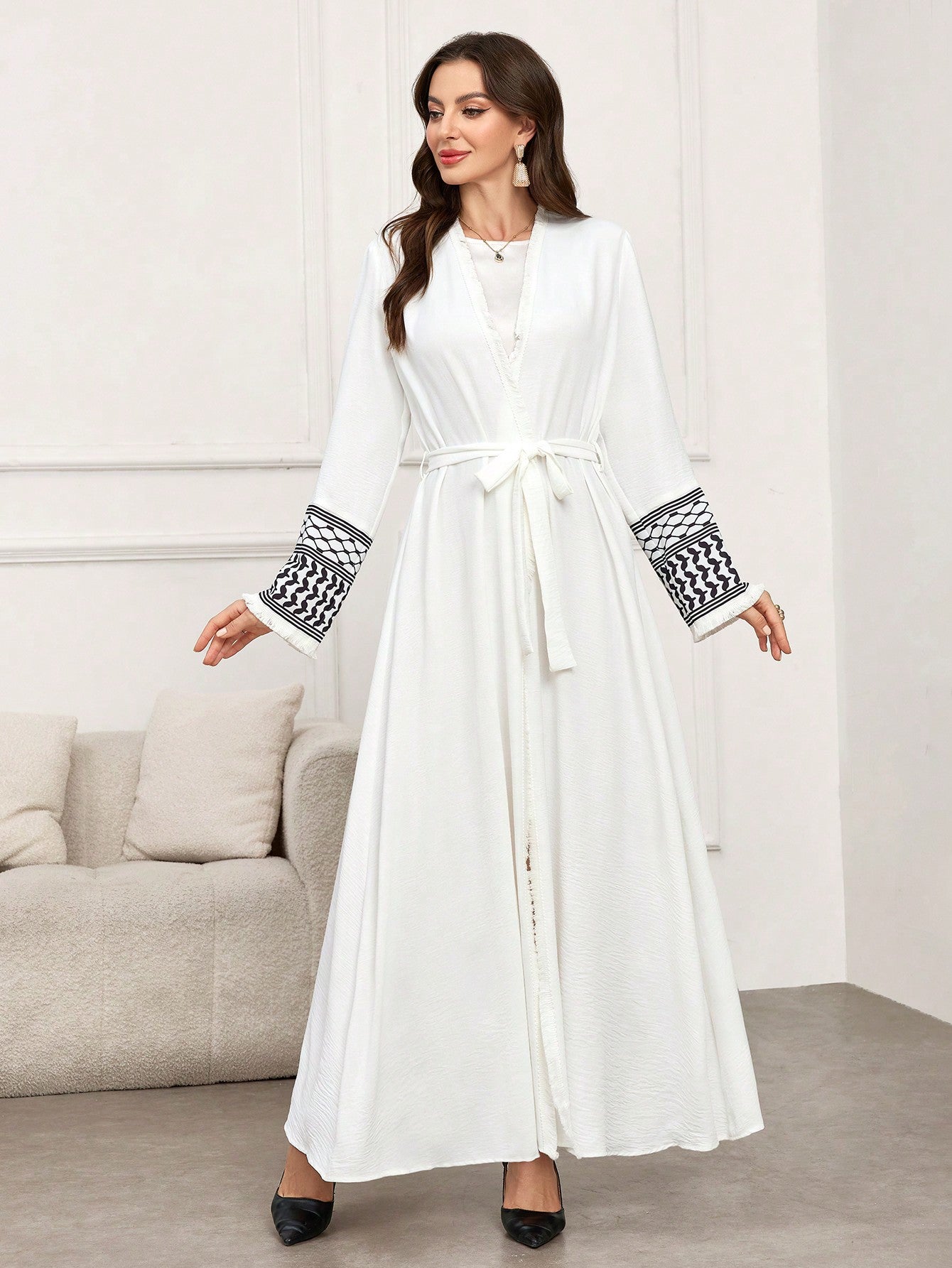 Geometric Print Splice Open Front Long Kimono Abaya