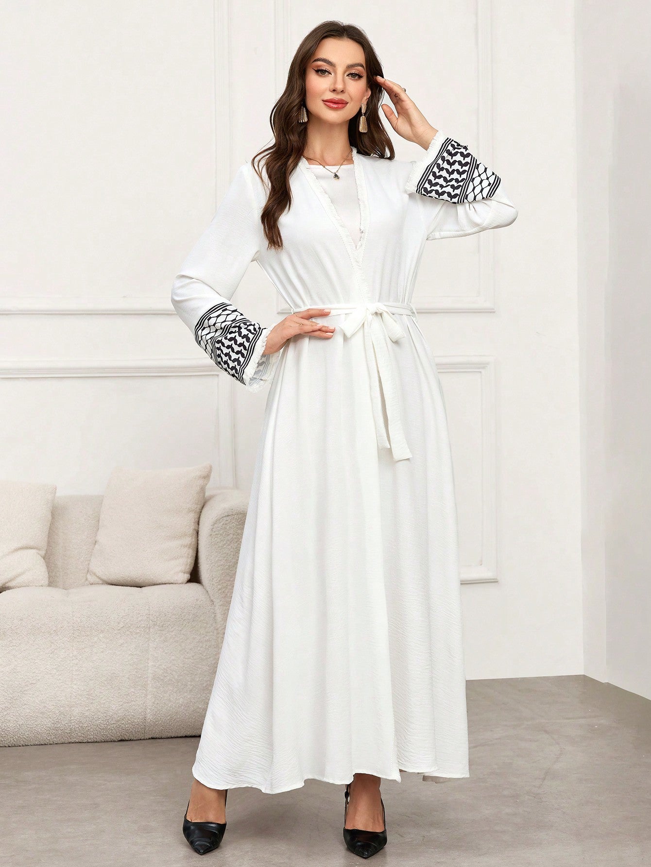 Geometric Print Splice Open Front Long Kimono Abaya