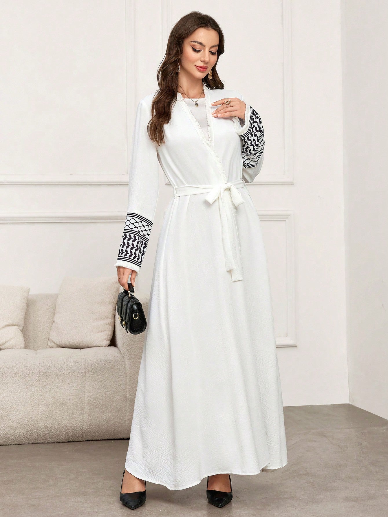 Geometric Print Splice Open Front Long Kimono Abaya