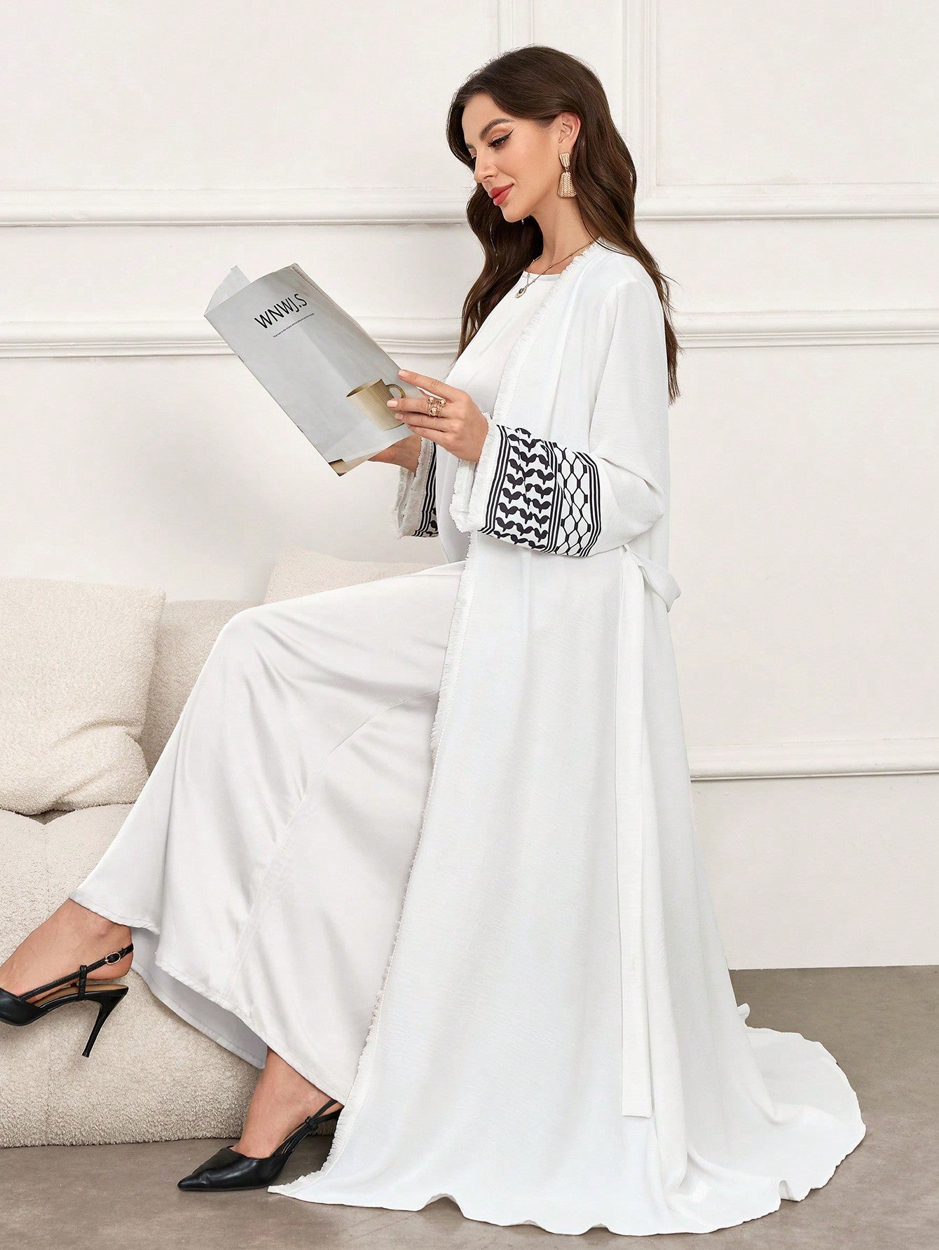 Geometric Print Splice Open Front Long Kimono Abaya