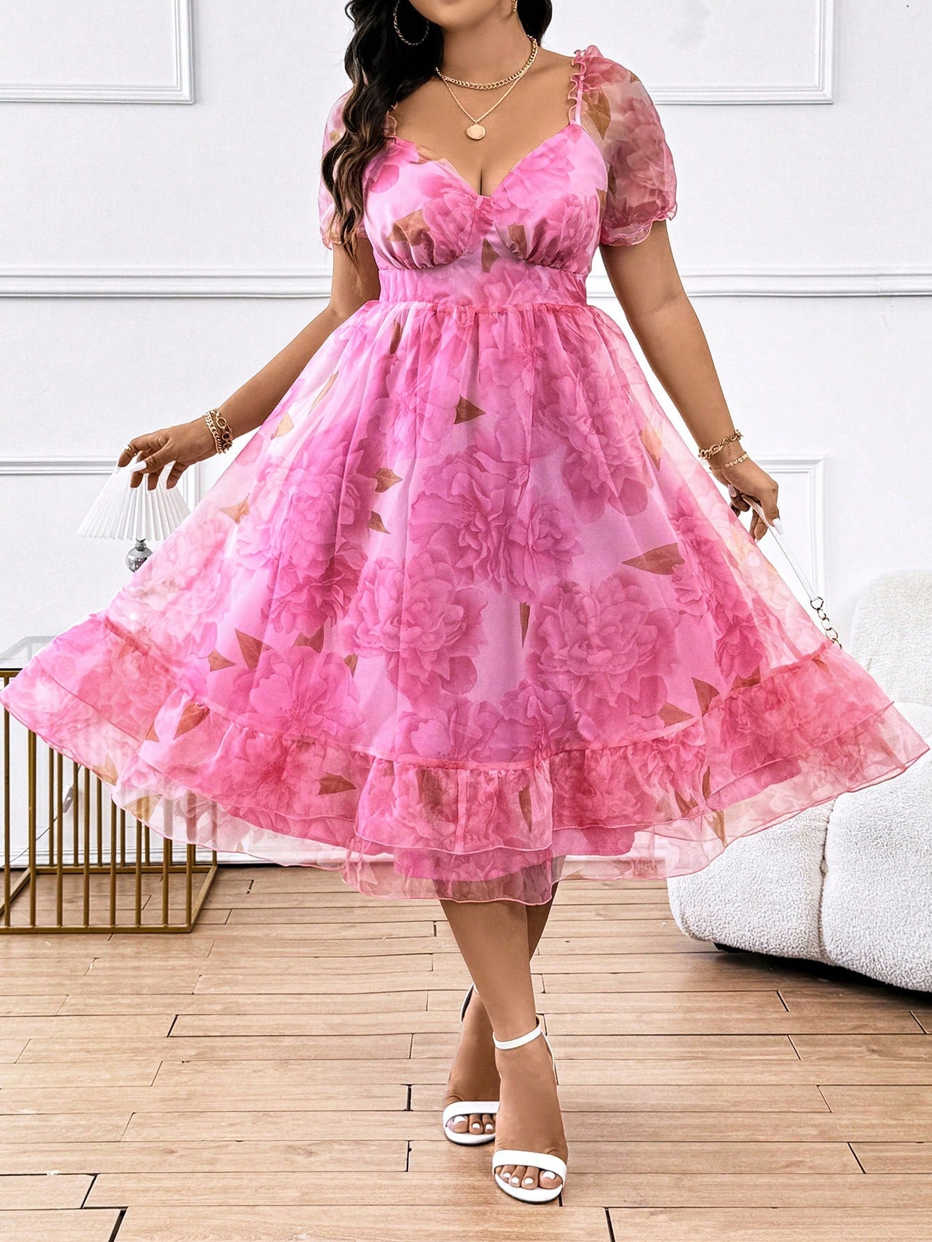 Plus Size Floral Printed Puff Sleeve Gathered Waist Vacation Dress