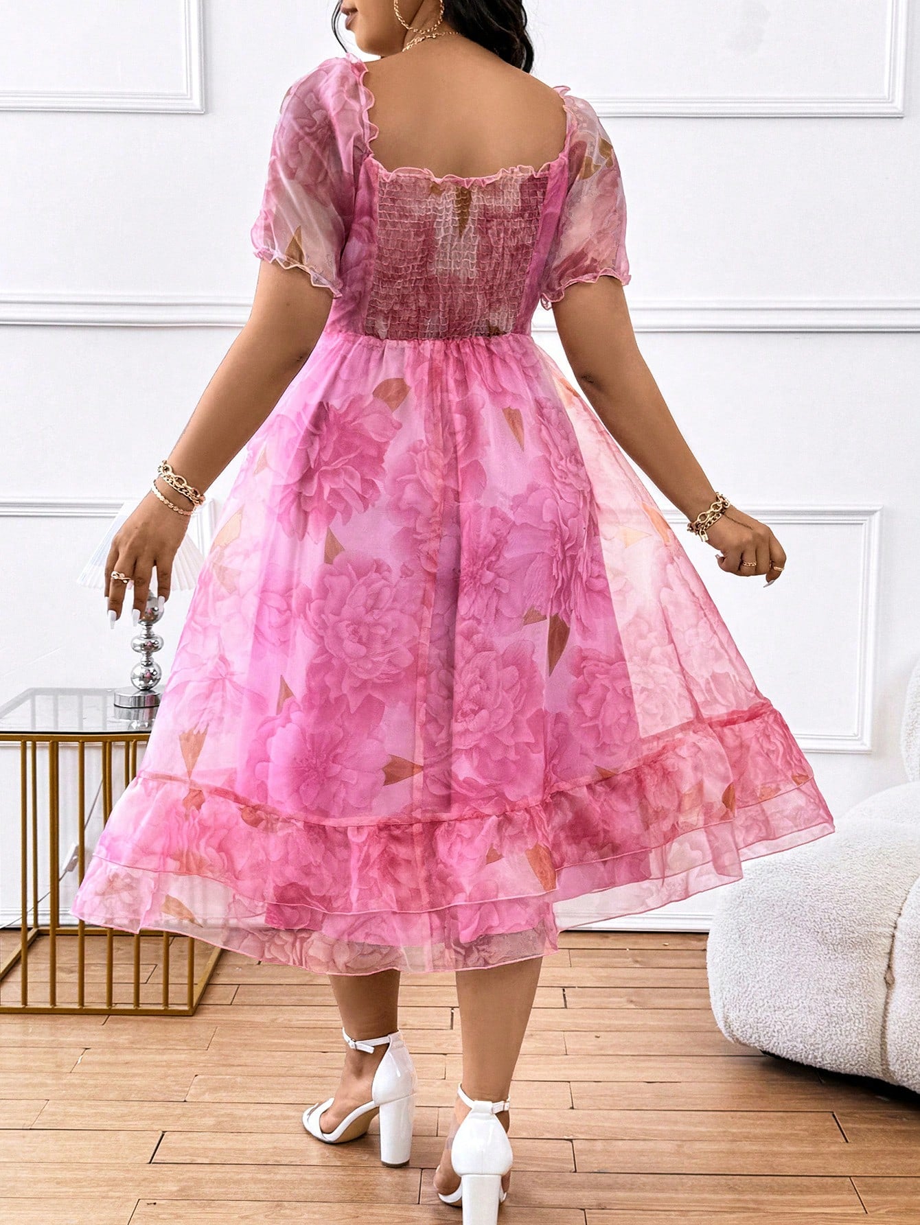 Plus Size Floral Printed Puff Sleeve Gathered Waist Vacation Dress