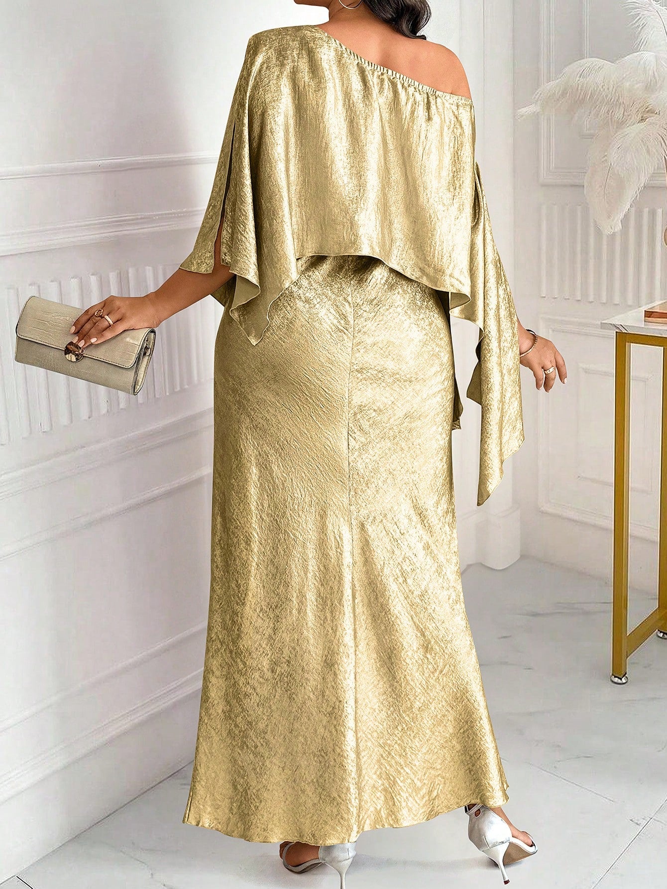 Plus Size Solid Color Asymmetric Neckline Back Zipper Elegant Dress