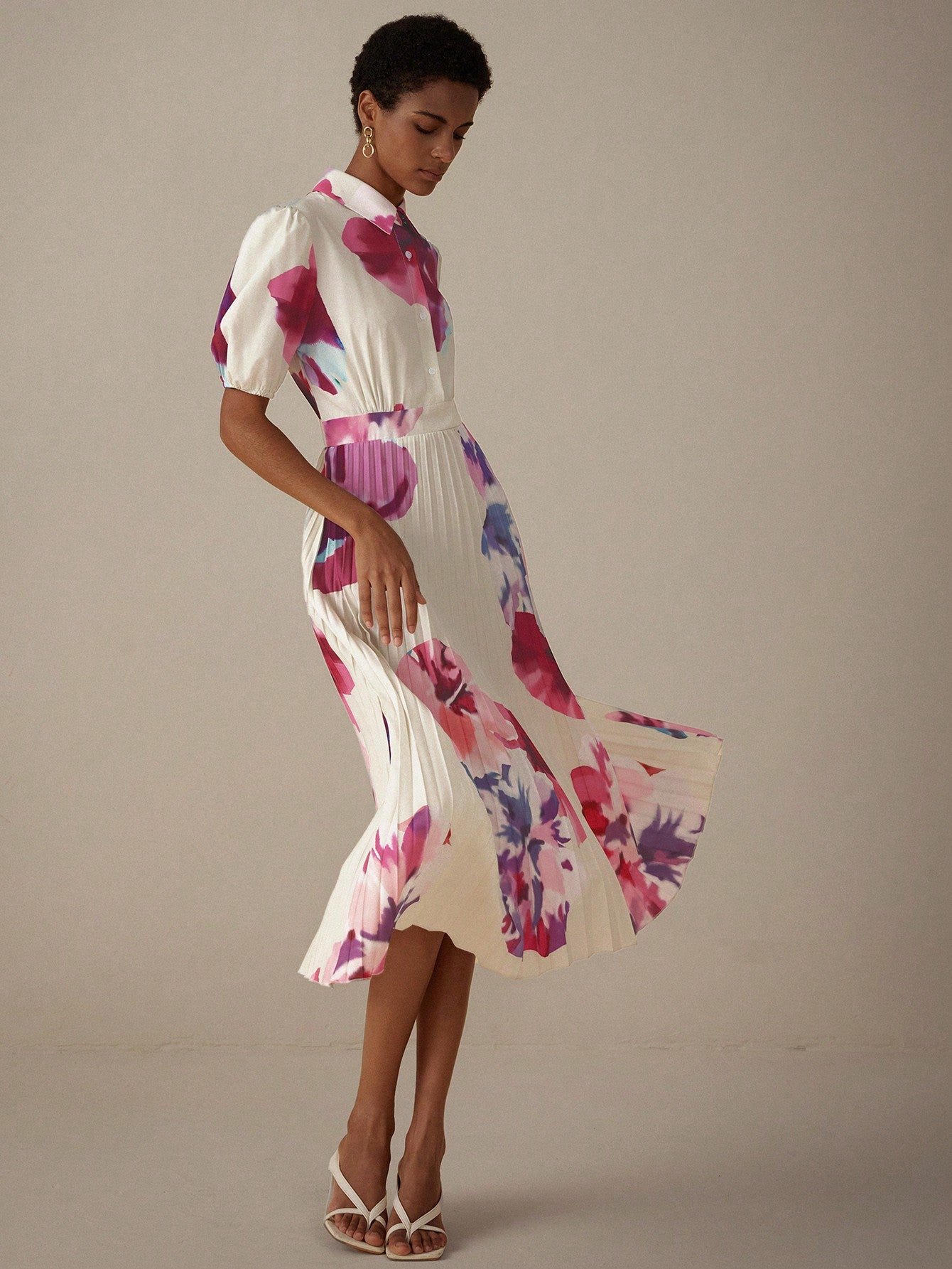 Tie-Dye Flower Printed Short Sleeve Shirt Dress With Lapel Collar, Elastic Waist & Pleats