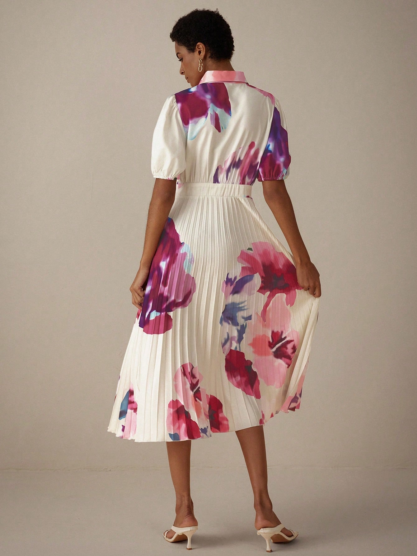 Tie-Dye Flower Printed Short Sleeve Shirt Dress With Lapel Collar, Elastic Waist & Pleats