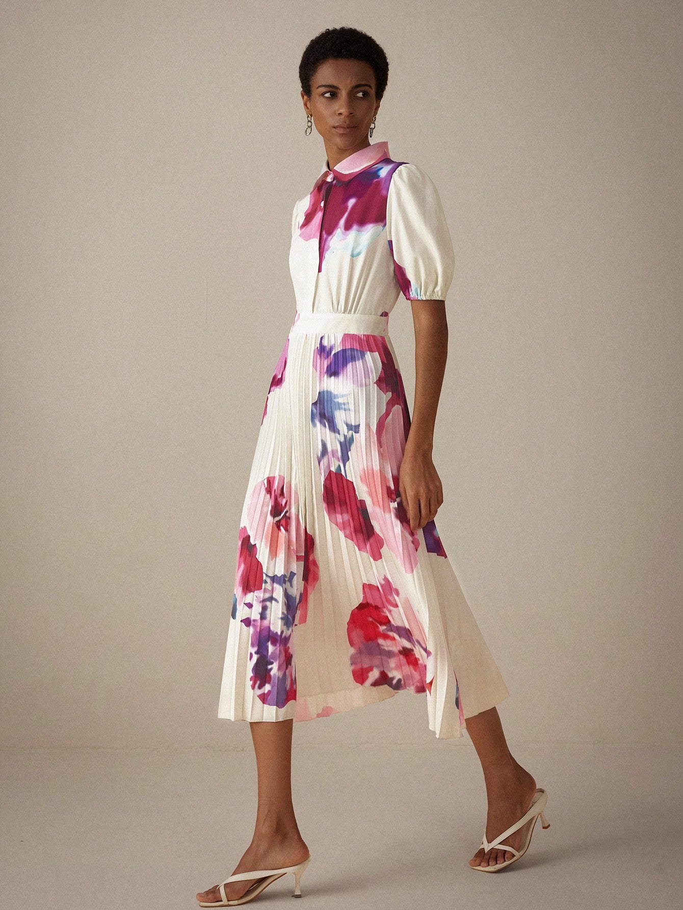 Tie-Dye Flower Printed Short Sleeve Shirt Dress With Lapel Collar, Elastic Waist & Pleats