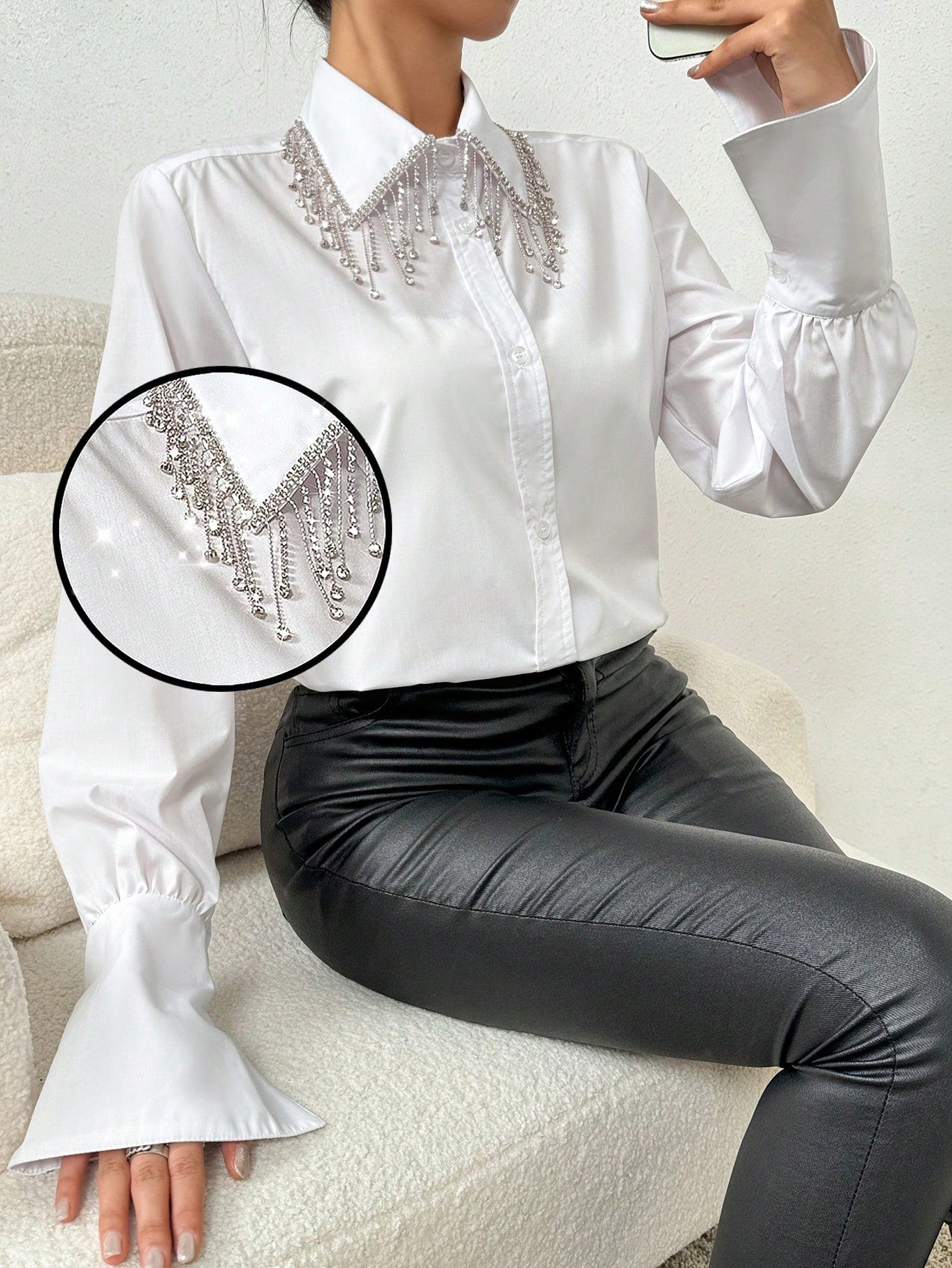 Rhinestone Tassel Ruffle Sleeve Shirt