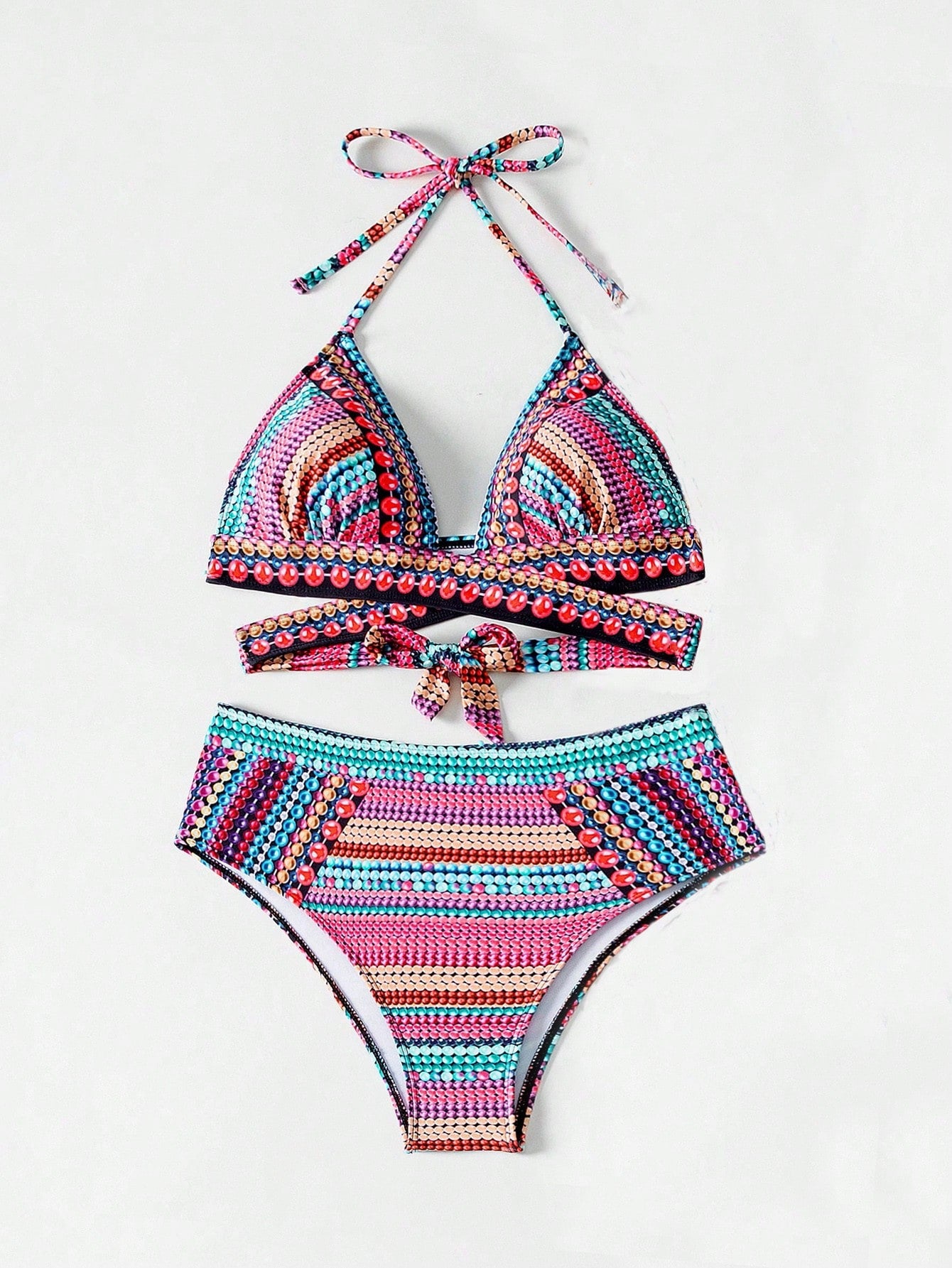Boho Feel Geometric Print Halter Triangle High Waisted Bikini Swimwear