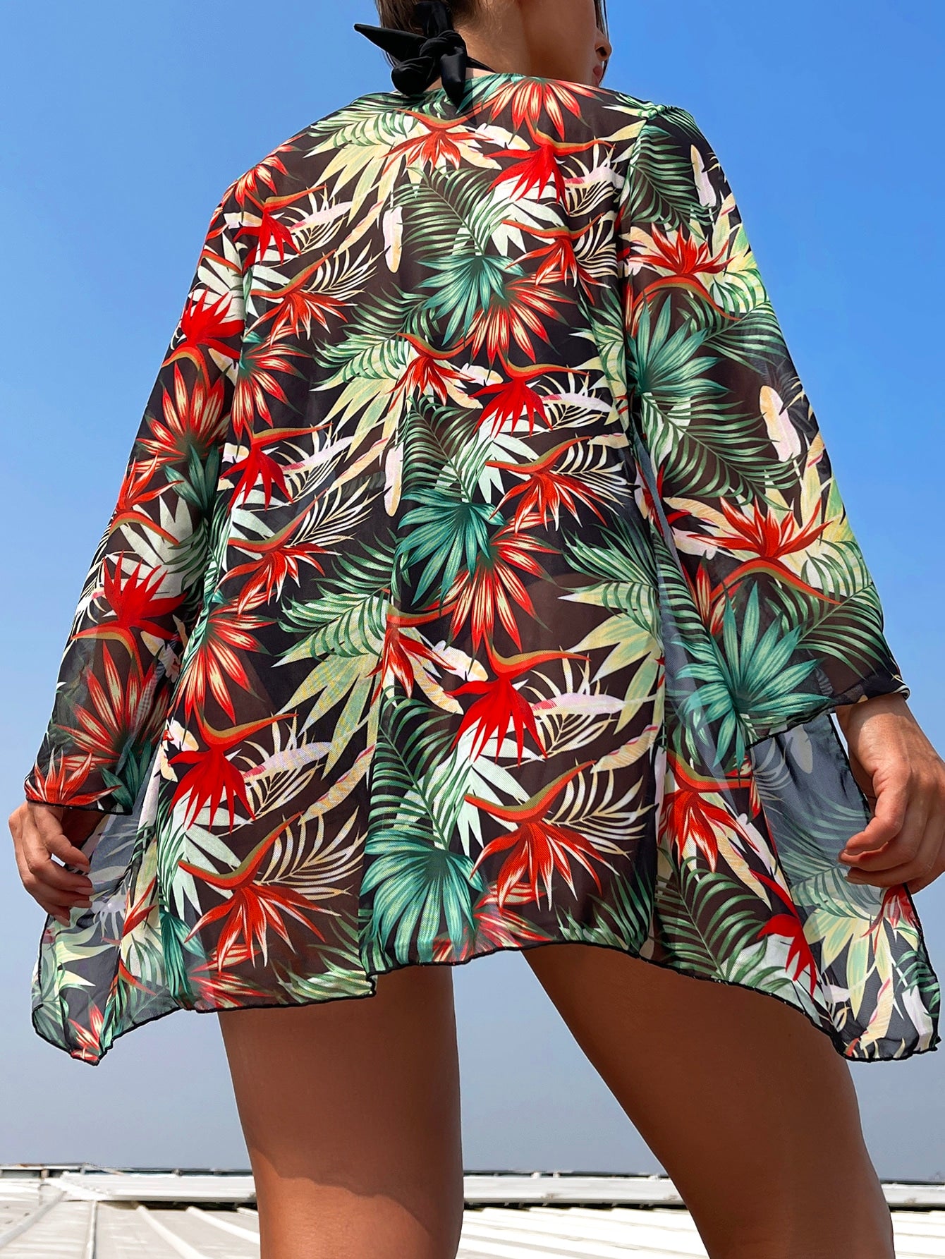 Tropical Print Bikini Set Halter Wireless Bra , High Waist Bottom & Long Sleeve Kimono 3 Piece Swimwear