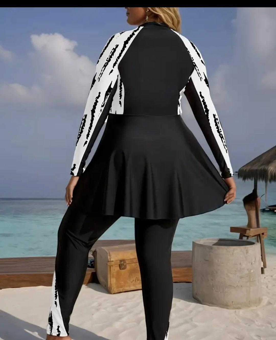 Plus Size Color Block Long Sleeve Summer Burkini Swimwear