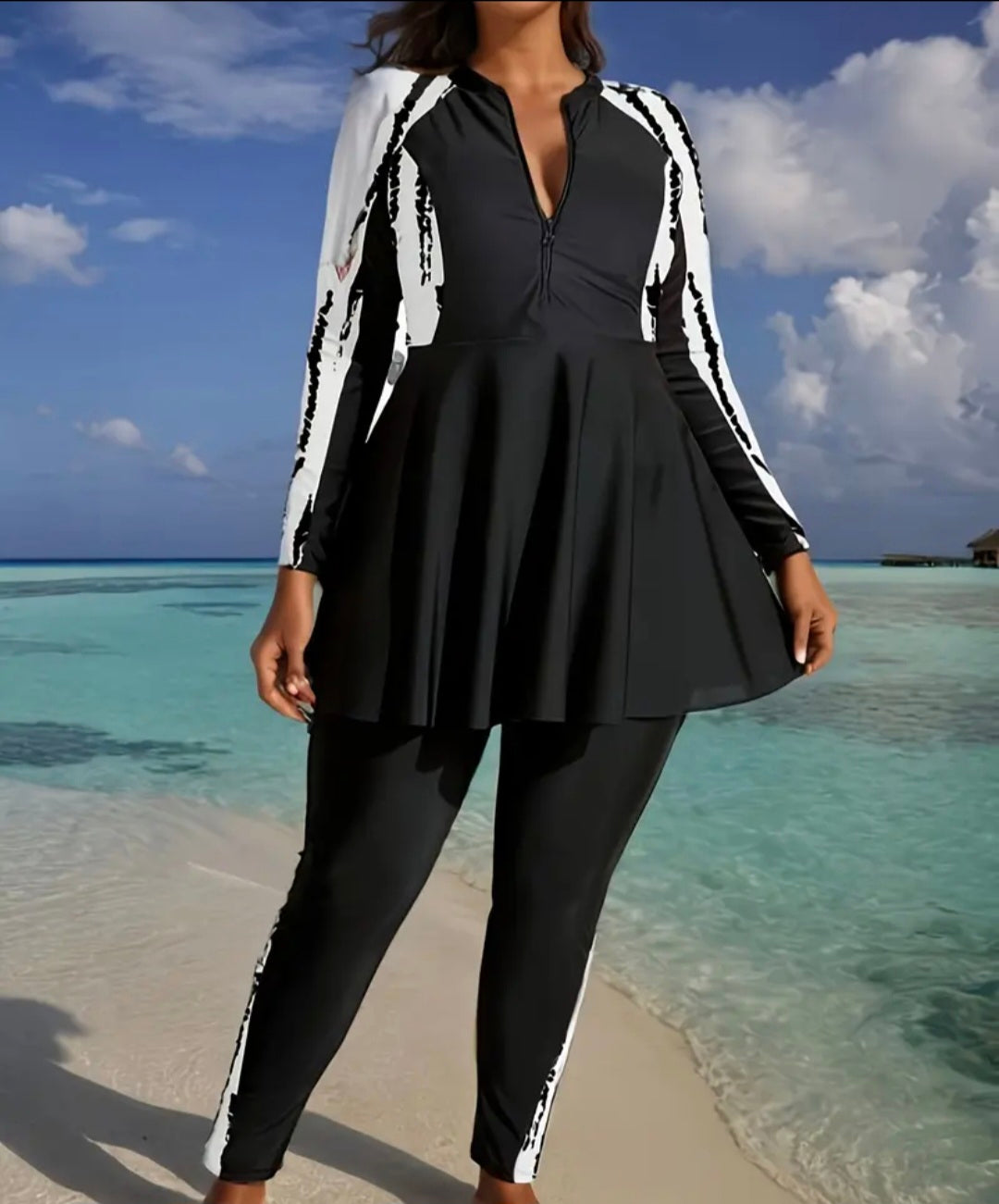 Plus Size Color Block Long Sleeve Summer Burkini Swimwear
