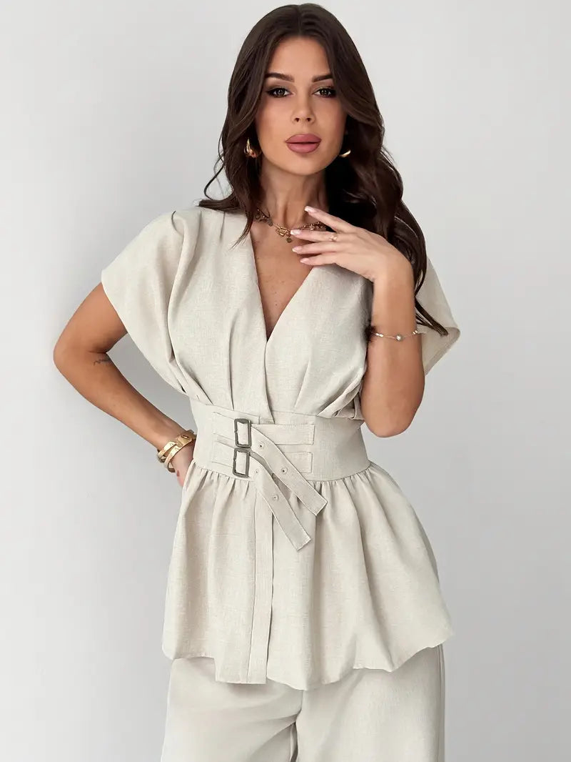 V-Neck Cardigan with Belt & High-Waisted Straight-Leg Flare Pants Set