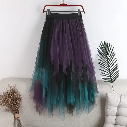 Fashion Women Solid Tutu Tulle Skirt Elastic Waist Mesh Skirt
