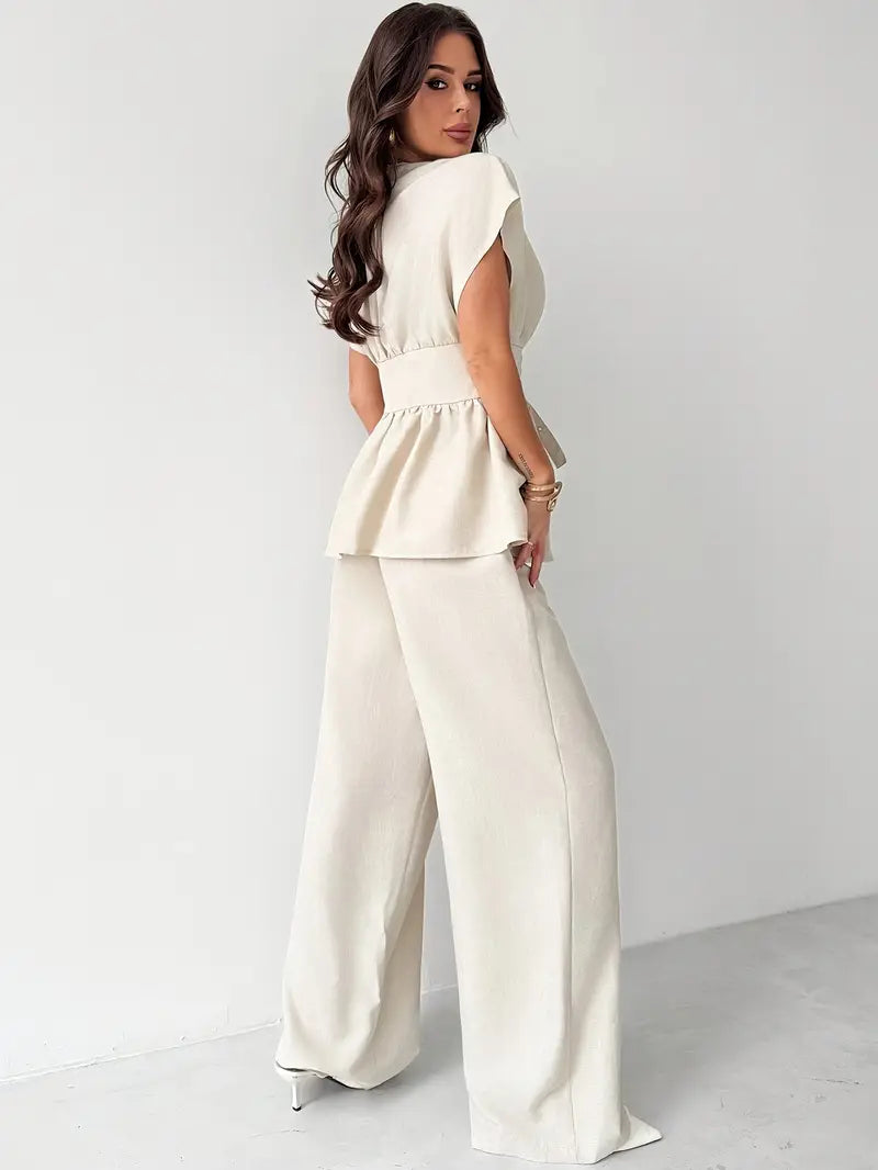 V-Neck Cardigan with Belt & High-Waisted Straight-Leg Flare Pants Set