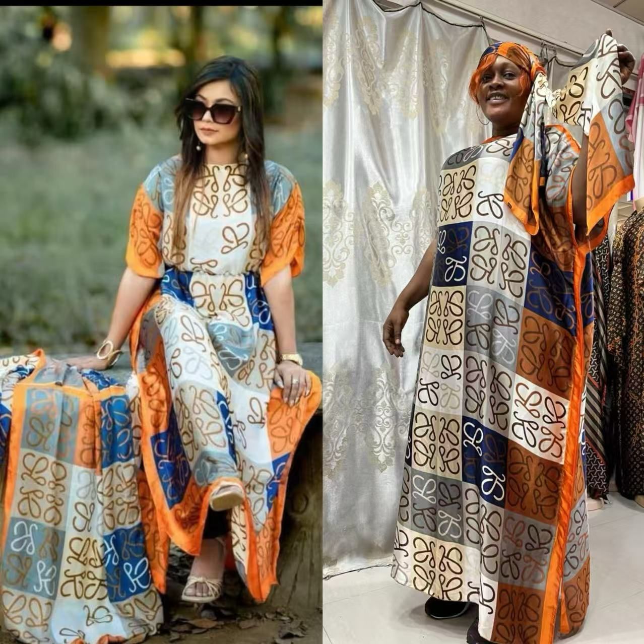 Printed Fashion Dress Kaftan With Headscarf