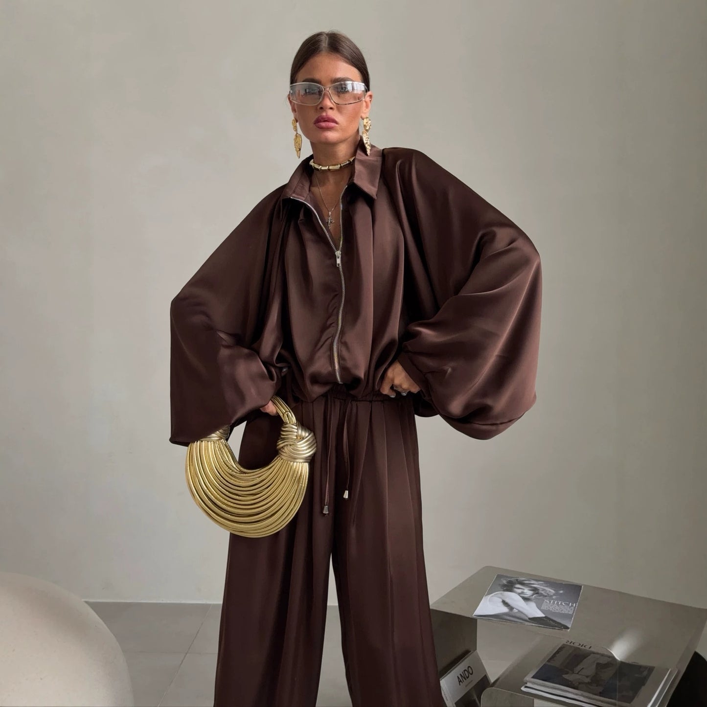 Casua Light Chocolate Brown Loose Coat Pants Set