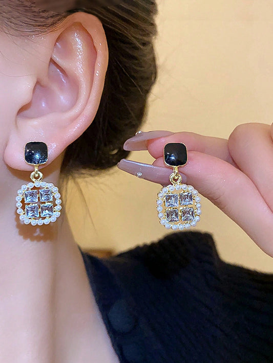 Square Zirconia & Simulated Pearl Stud Earrings