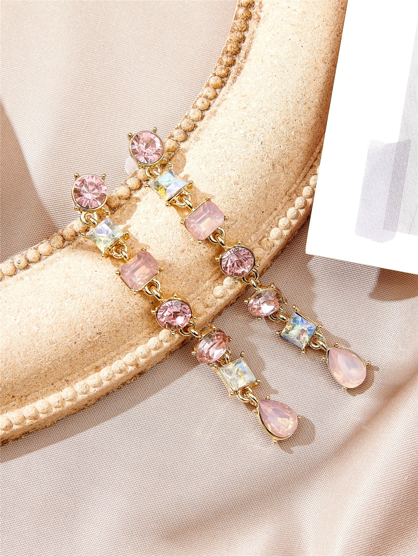 Crystal Geometric Square Tassel Earrings