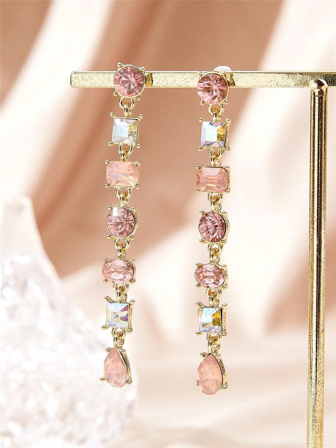 Crystal Geometric Square Tassel Earrings