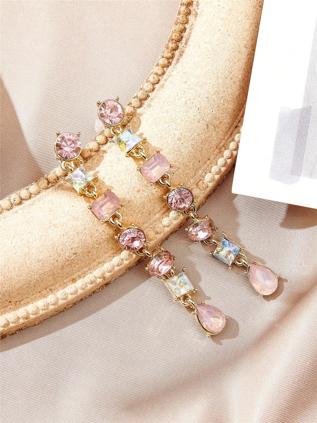 Crystal Geometric Square Tassel Earrings