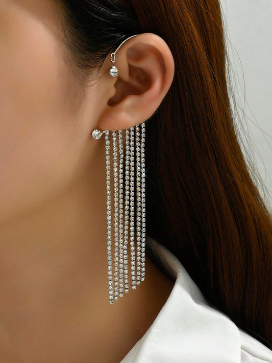 1pc Silver Rhinestone Stud Chain Fringe Ear Cuff (non-pierced)