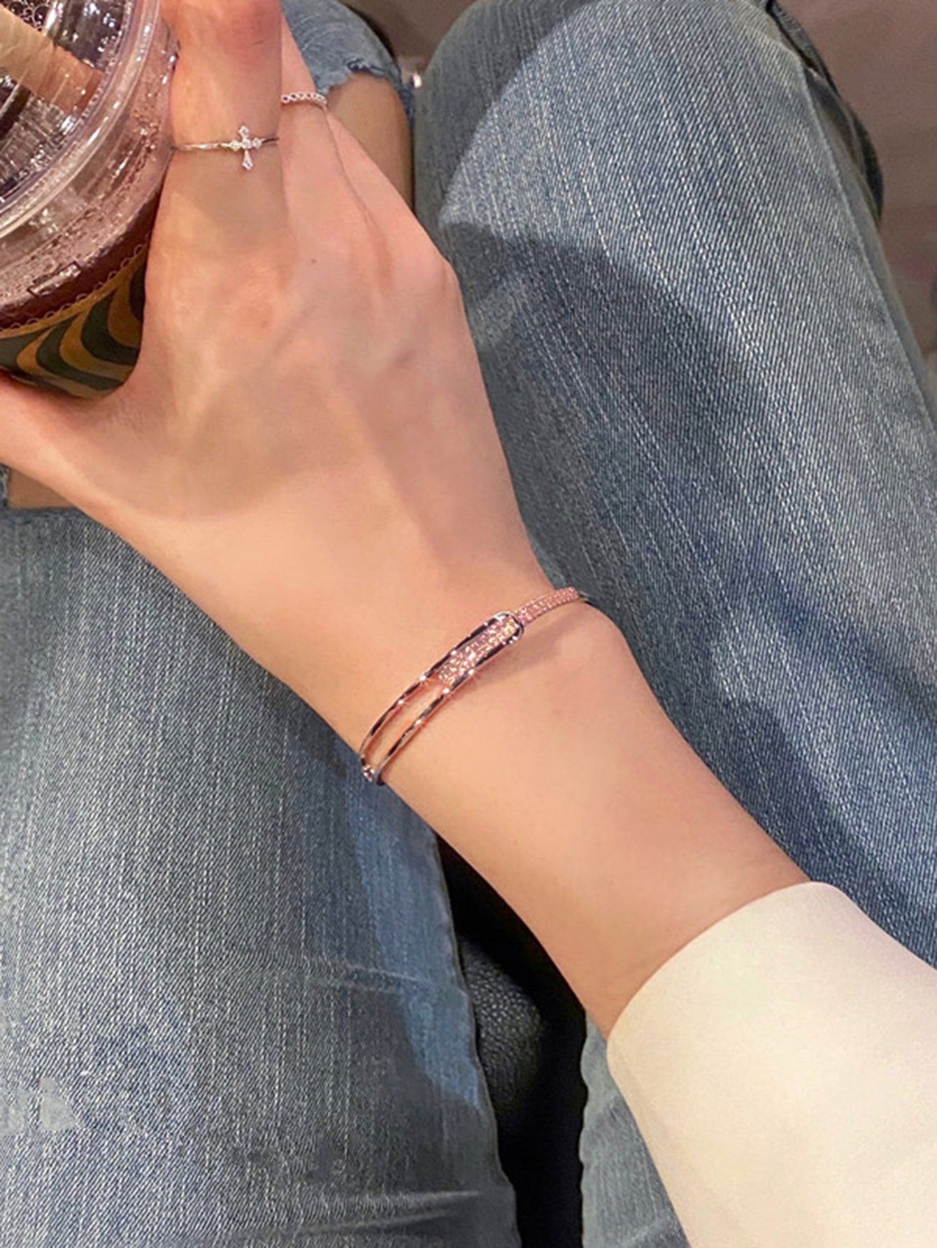 1pc Ins Style Luxurious Copper & Zirconia Open Cuff Bangle With Star Embellishments Bracelet