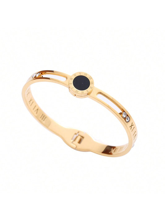 Minimalist Elegant Roman Numerals Cutout Bangle With Cz & Black Plate Stainless Steel Bracelet