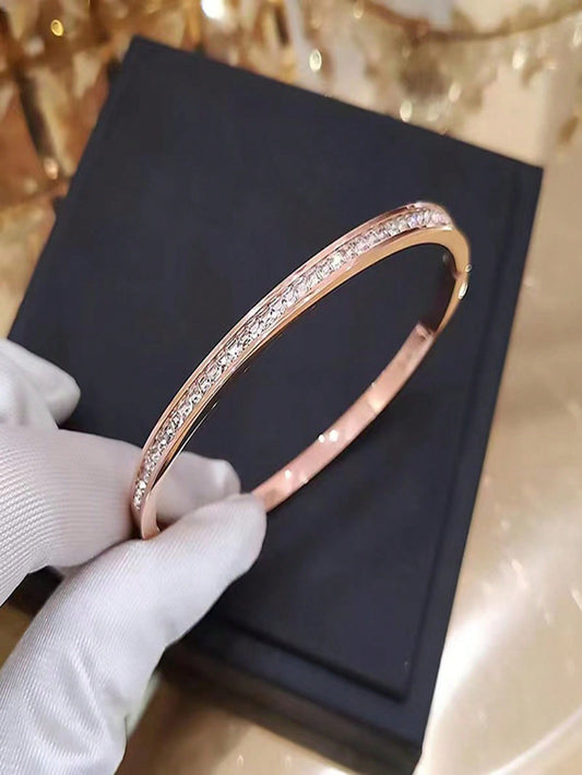 Stainless Steel Couple Bracelet With Single Row Rhinestones