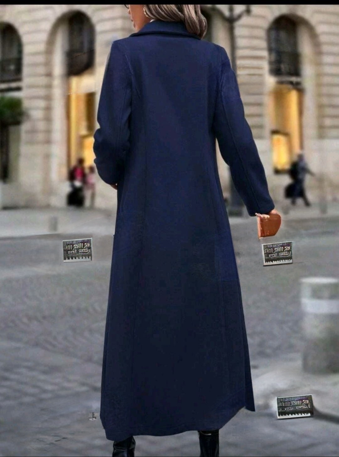 Long Woolen Coat With Pointed Lapel, Double-breasted Closure