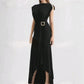 Padded Shoulder Buckle Tie Waist Asymmetrical Hem Dress