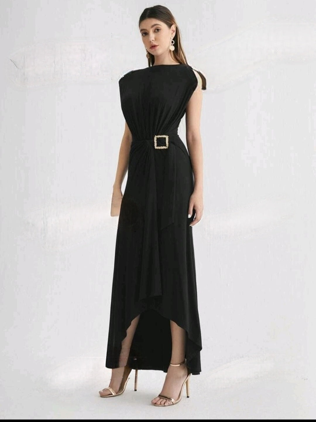 Padded Shoulder Buckle Tie Waist Asymmetrical Hem Dress