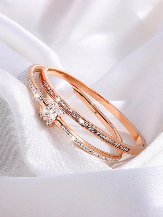 2 Pc Simple Fashion Light Luxury Stainless Steel Single Row Drill Rotating Bracelet