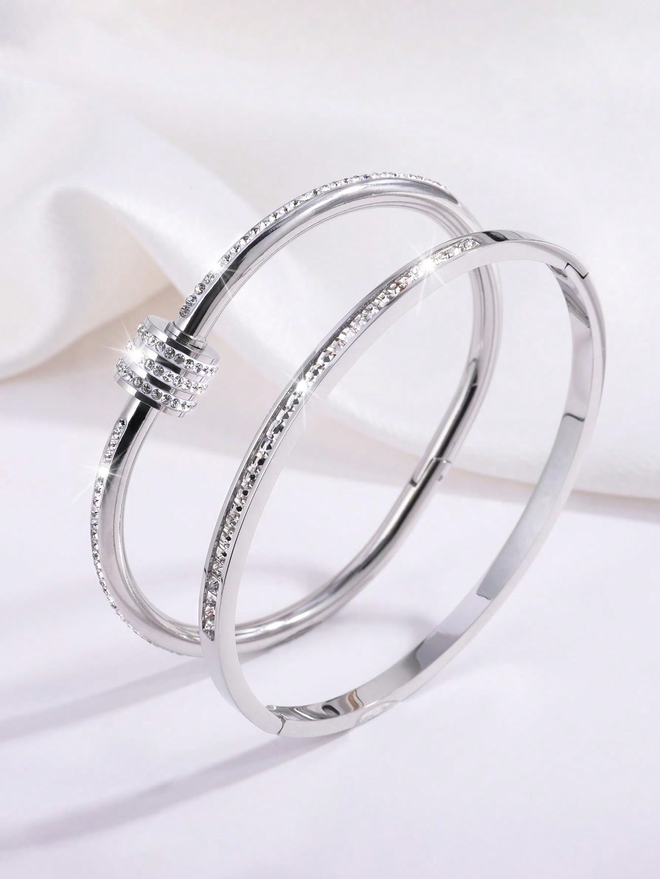 2 Pc Simple Fashion Light Luxury Stainless Steel Single Row Drill Rotating Bracelet