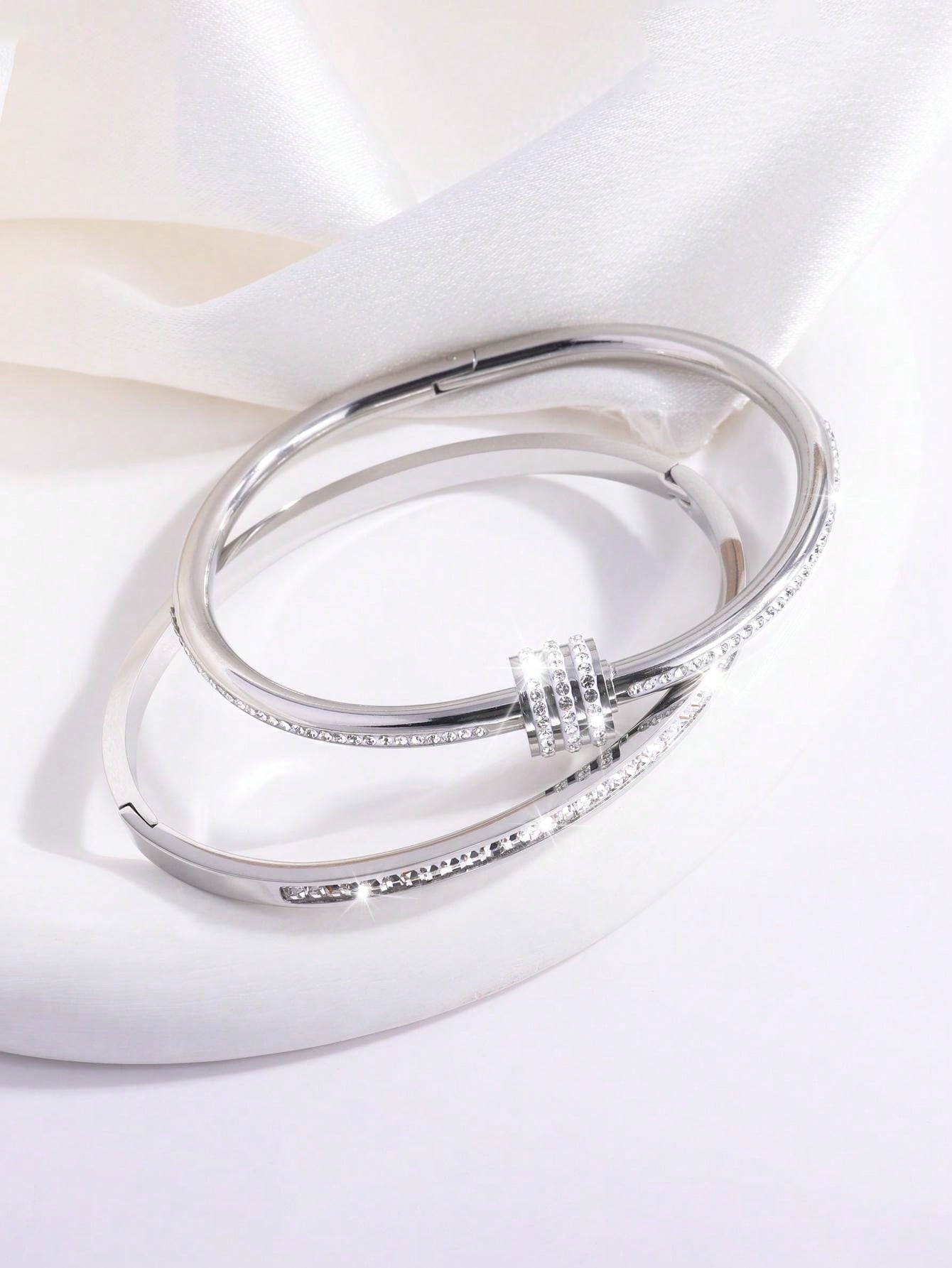 2 Pc Simple Fashion Light Luxury Stainless Steel Single Row Drill Rotating Bracelet