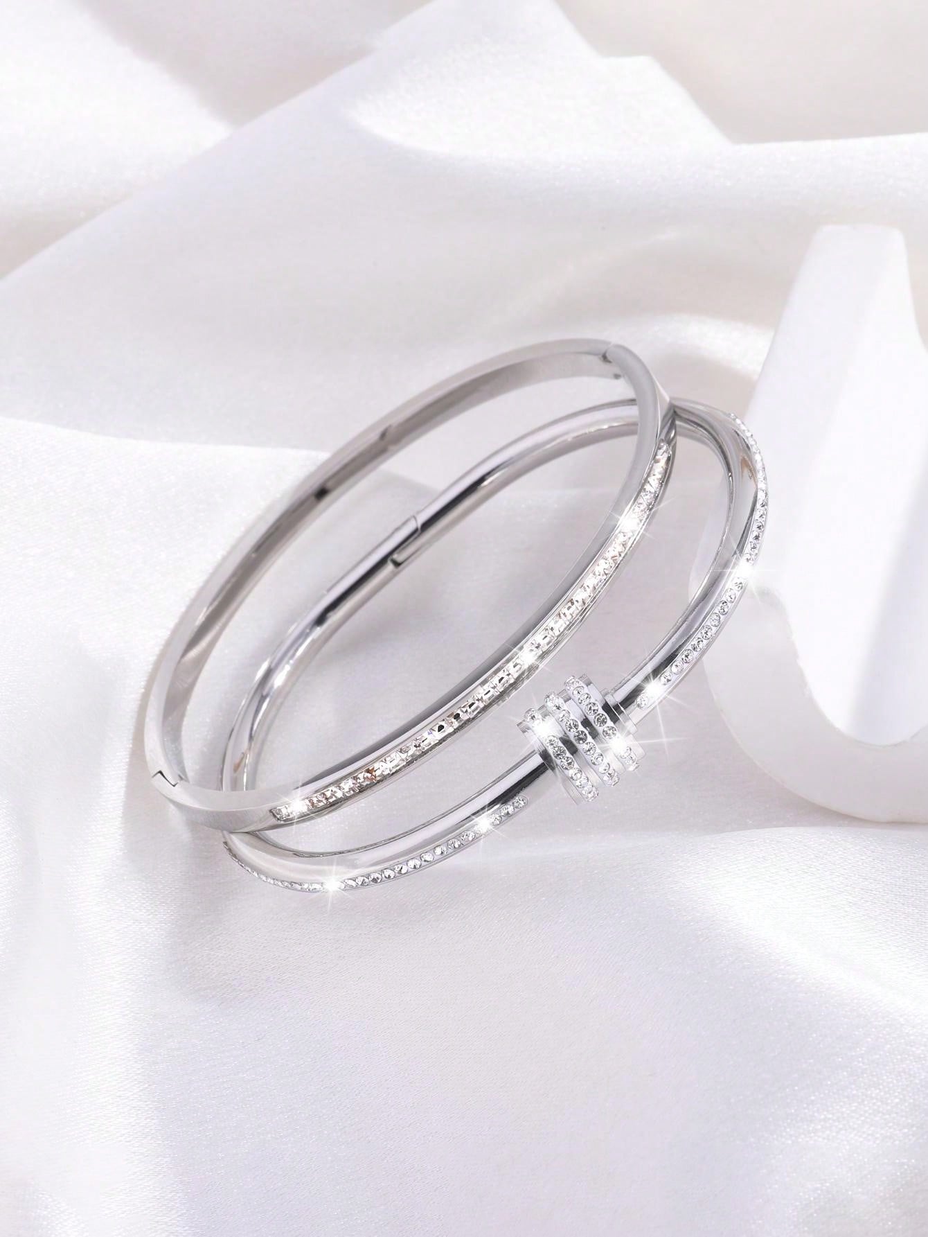 2 Pc Simple Fashion Light Luxury Stainless Steel Single Row Drill Rotating Bracelet