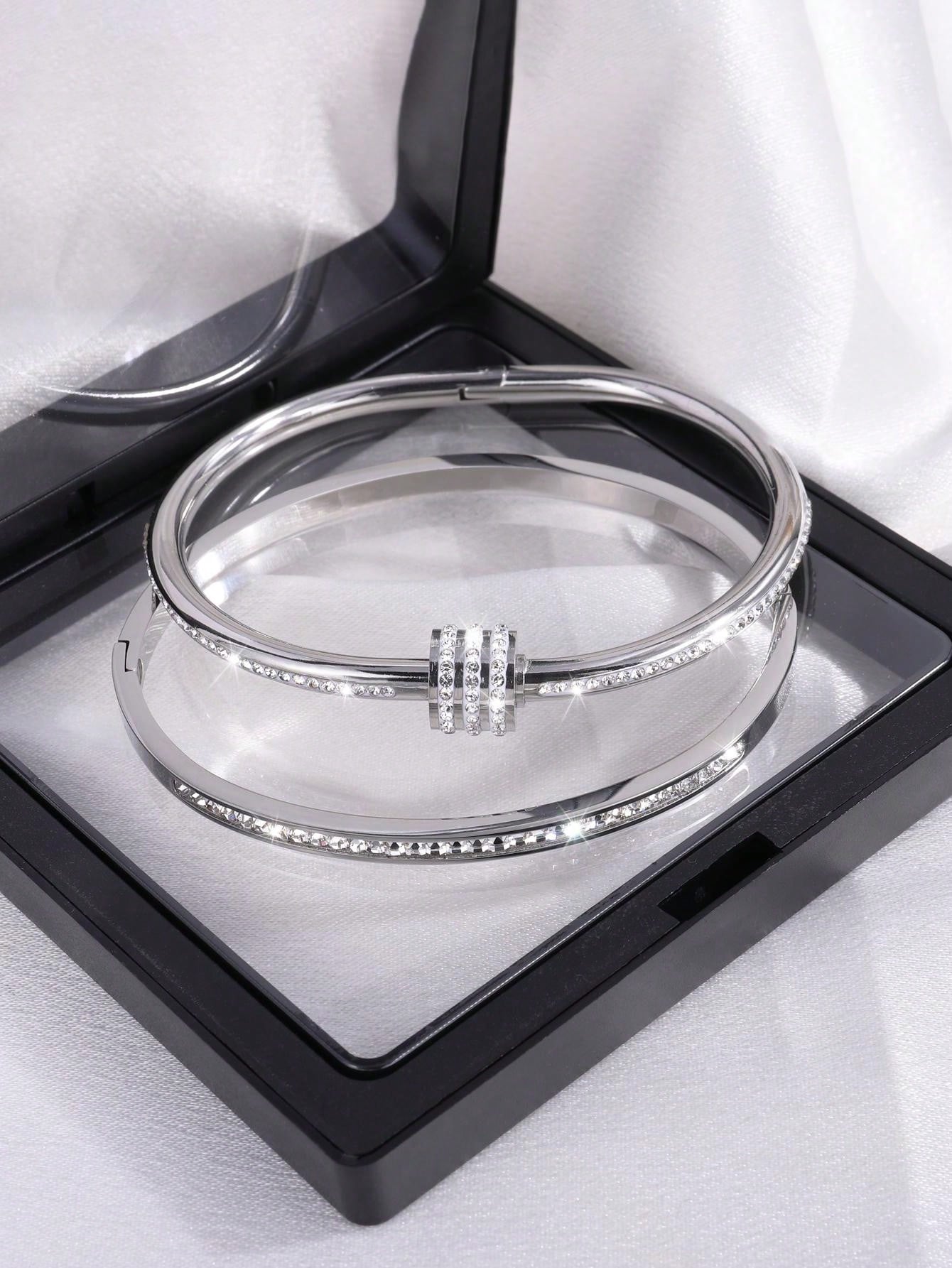 2 Pc Simple Fashion Light Luxury Stainless Steel Single Row Drill Rotating Bracelet
