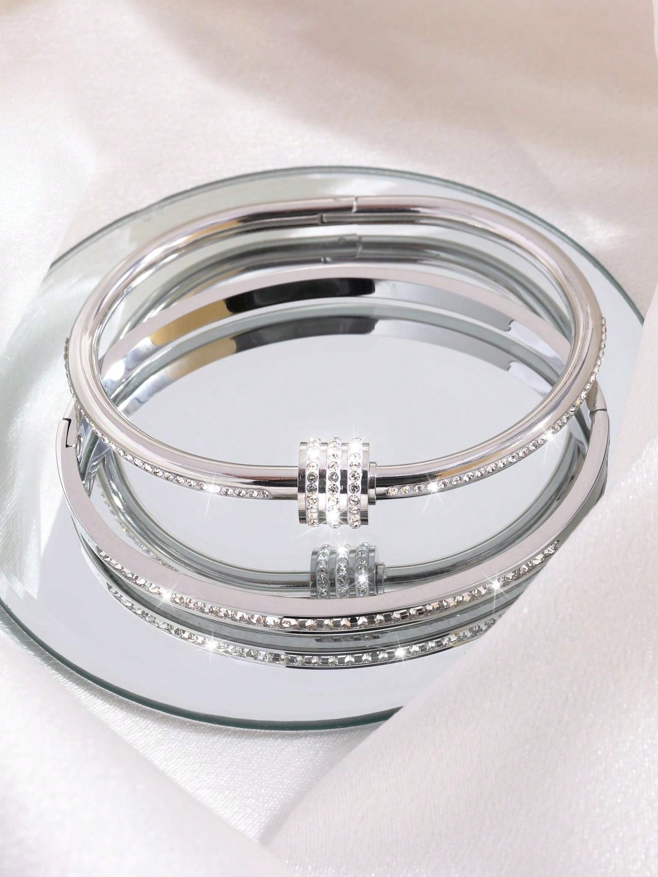 2 Pc Simple Fashion Light Luxury Stainless Steel Single Row Drill Rotating Bracelet